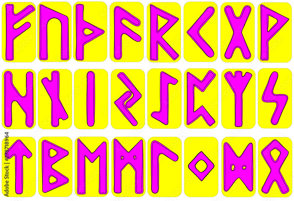 Scandinavian runes pink letters on yellow cards