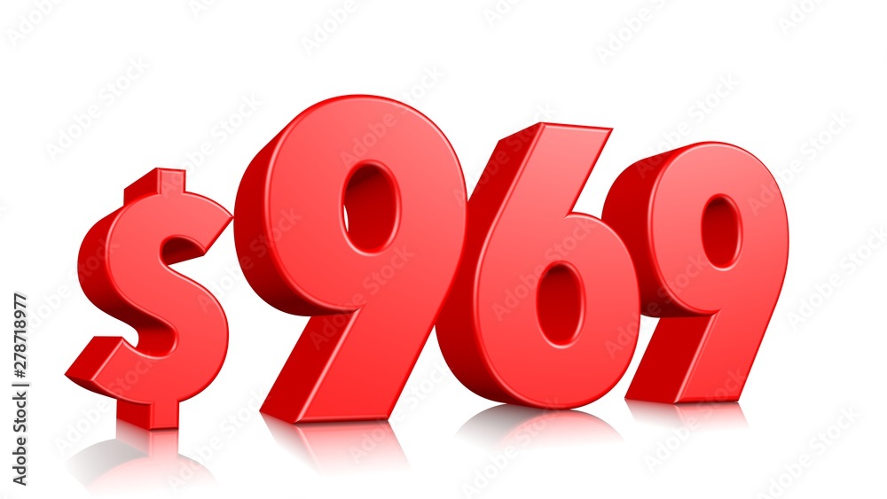 969$ Nine hundred and sixty nine price symbol. red text number 3d render with dollar sign on white background 969$ Nine hundred and sixty nine price symbol. red text number 3d render with dollar sign on white background