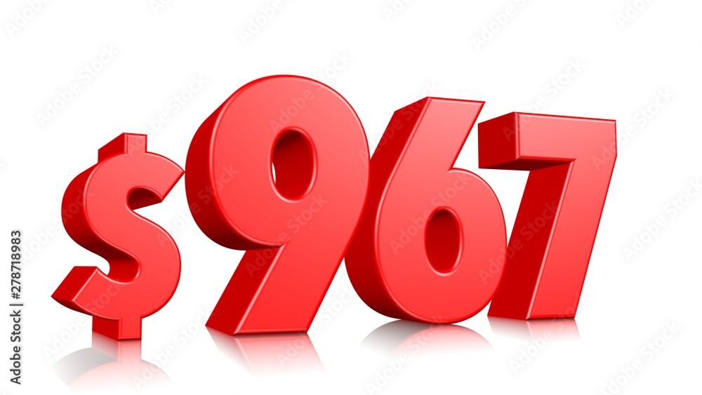 967$ Nine hundred and sixty seven price symbol. red text number 3d render with dollar sign on white background 967$ Nine hundred and sixty seven price symbol. red text number 3d render with dollar sign on white background