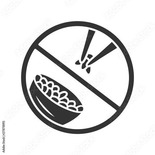 No rice diet glyph icon. No carbs dish label. Low calories food silhouette symbol. Weight loss and healthy eating. Negative space. Bowl with meal and chopsticks vector isolated illustration