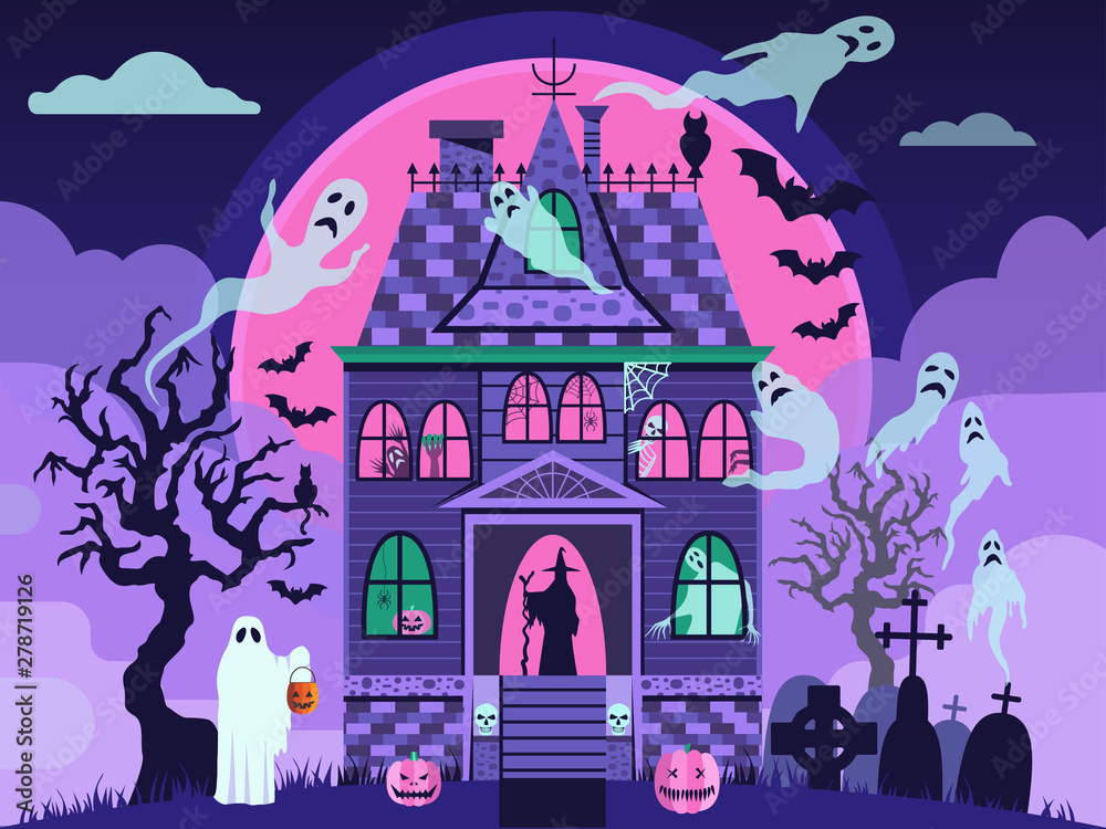 Halloween Haunted House with Monsters and Ghosts