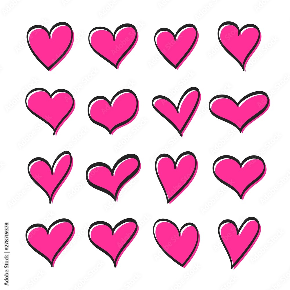 Set of vector pink hearts with black outline in the doodle style. Cute pink hearts for decoration.