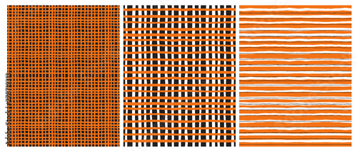 Set of 3 Hand Drawn Irregular Geometric Patterns. White Stripes on an Orange Background. Orange Grid on a Black. Infantile Style Repeatable Design for Textile, Fabric, Layout, Wrapping Paper.