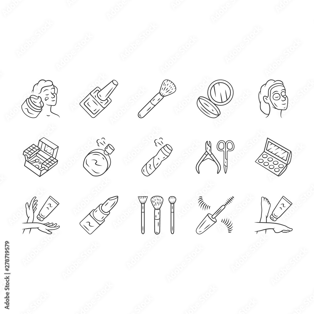 Skincare products, cosmetics linear icons set. Feminine hygiene, makeup accessories. Beauty salon attributes thin line contour symbols. Isolated vector outline illustrations. Editable stroke Skincare products, cosmetics linear icons set. Feminine hygiene, makeup accessories. Beauty salon attributes thin line contour symbols. Isolated vector outline illustrations. Editable stroke