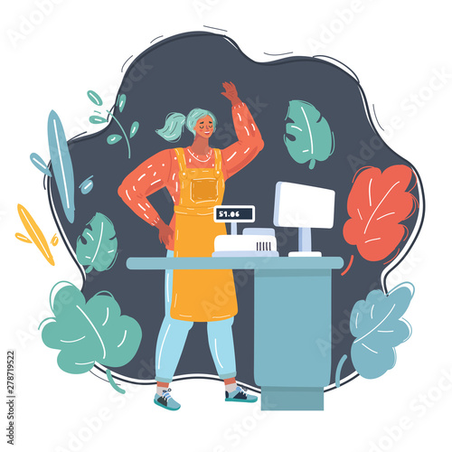 Young woman cashier on dark.