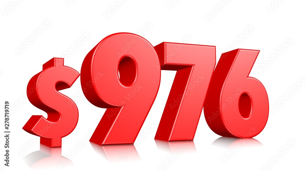 976$ Nine hundred and seventy six price symbol. red text number 3d render with dollar sign on white background 976$ Nine hundred and seventy six price symbol. red text number 3d render with dollar sign on white background