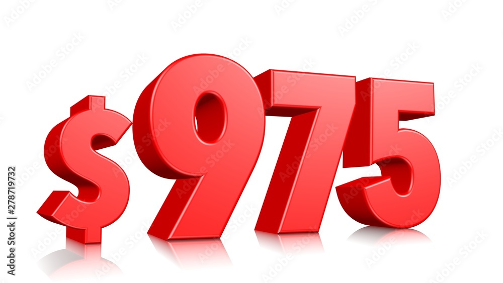 975$ Nine hundred and seventy five price symbol. red text number 3d render with dollar sign on white background 975$ Nine hundred and seventy five price symbol. red text number 3d render with dollar sign on white background