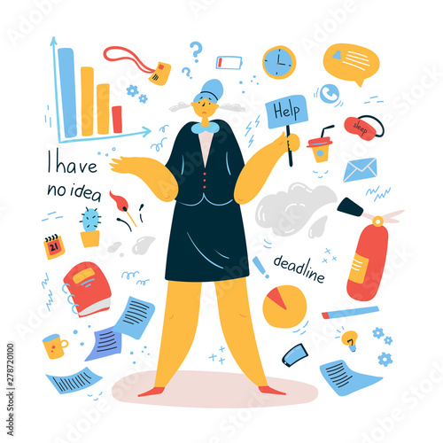 Emotional burnout woman is standing with a sign Help.Tired and exasperated office worker does not know what to do among documents and office supplies.Stress at work.Vector illustration