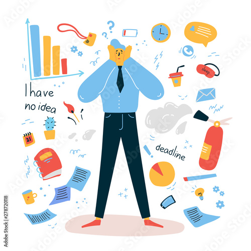 Emotional burnout man grabbed his head .Tired and exasperated office worker does not know what to do and emotionally burned out among documents and office supplies.Stress at work.Vector illustration
