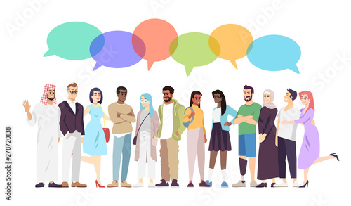 Multicultural diversity flat vector illustration. Different races representatives with empty speech bubbles. Multinational students community. International partnership and cooperation