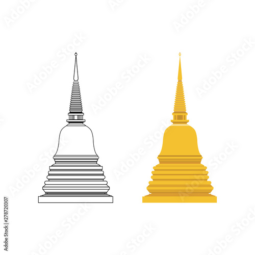 Golden pagoda and outline flat vecter with isolated white background.Buddhist building symbol