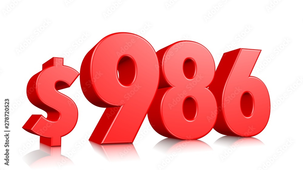 986$ Nine hundred and eighty six price symbol. red text number 3d render with dollar sign on white background 986$ Nine hundred and eighty six price symbol. red text number 3d render with dollar sign on white background