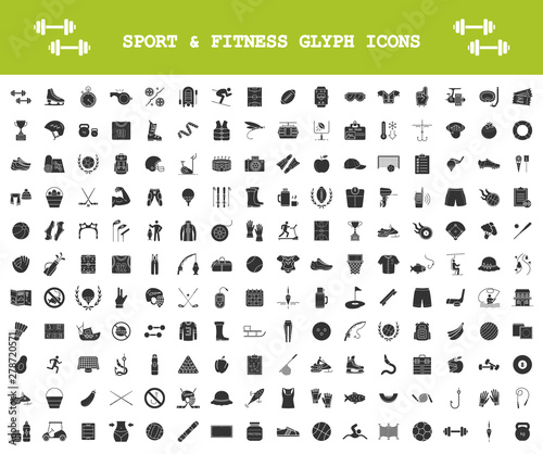 Sport and fitness glyph icons big set. Healthy lifestyle. Gym, workout training, exercises. Outdoor activities, team sports. Fishing, hiking, camping. Silhouette symbols. Vector isolated illustration