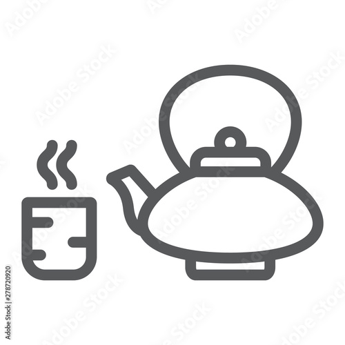 Japanese tea line icon, asian and drink, kettle and cup sign, vector graphics, a linear pattern on a white background.