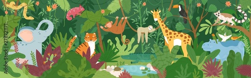 Adorable exotic animals in tropical forest or rainforest full of palm trees a...