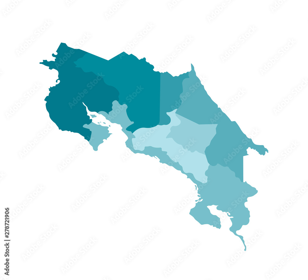Vector isolated illustration of simplified administrative map of Costa Rica. Borders of the provinces (regions). Colorful blue khaki silhouettes