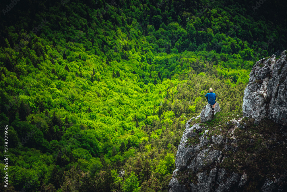 Man sitting above beautiful green summer forest Man sitting above beautiful green summer forest