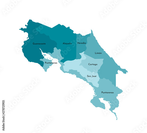 Vector isolated illustration of simplified administrative map of Costa Rica. Borders and names of the provinces (regions). Colorful blue khaki silhouettes photo