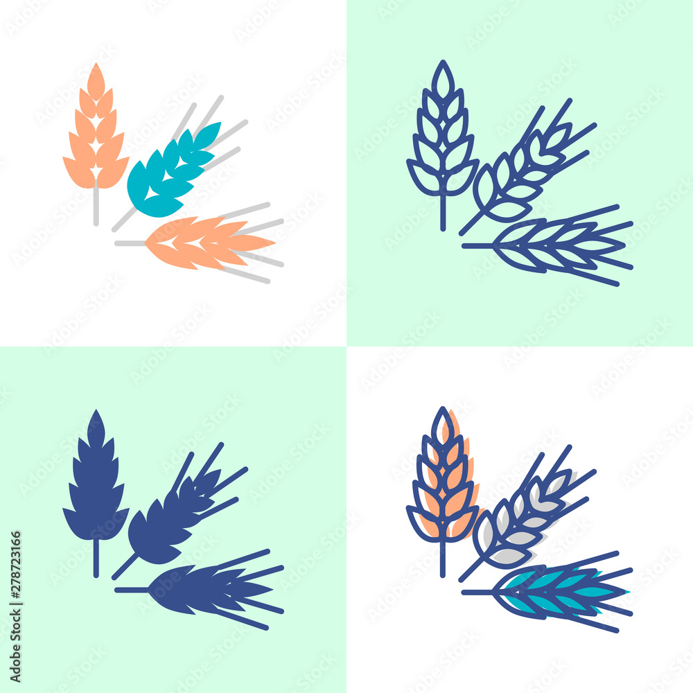 Wheat, rye and barley grains icon set in flat and line styles Wheat, rye and barley grains icon set in flat and line styles