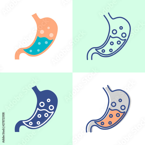 Stomach with bloating icon set in flat and line style