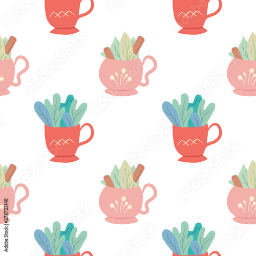 Seamless flat pattern with cups of tea with foliage and cinnamon on white background. Mugs with summer ingredients in a row. Vector texture for wallpapers, baby fabrics and your creativity
