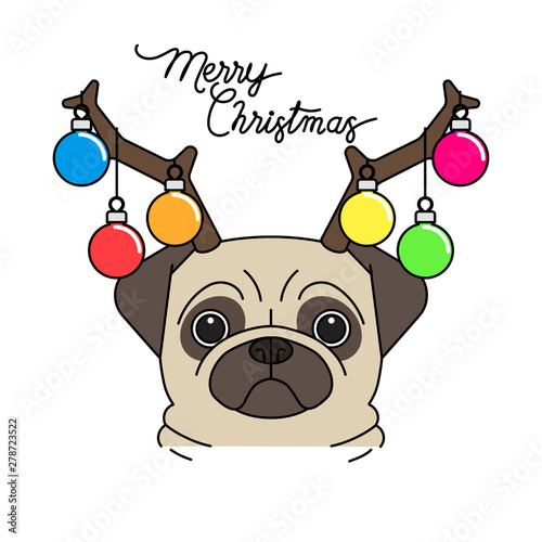 Funny Christmas pug puppy dog wearing reindeer antlers diadem for Christmas, Vector illustration.