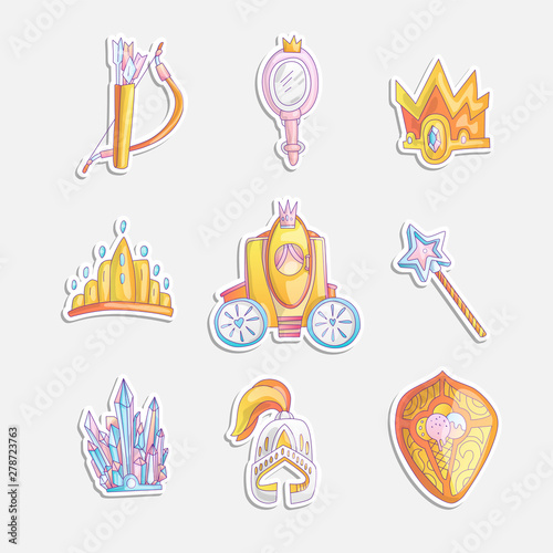 Cute girl princess icon set. Collection of cute princess stickers with crystall, magic wand, helm and shield with brougham. Princess and warriors cartoon stickers