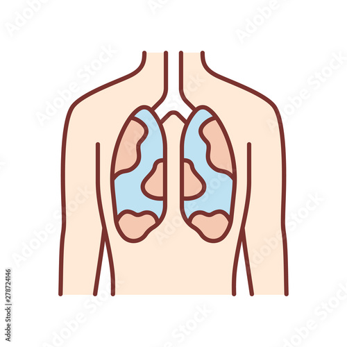 Ill lungs color icon. Sore human organ. Tuberculosis, cancer. Unhealthy pulmonary system. Sick internal body part. Respiratory health. Isolated vector illustration