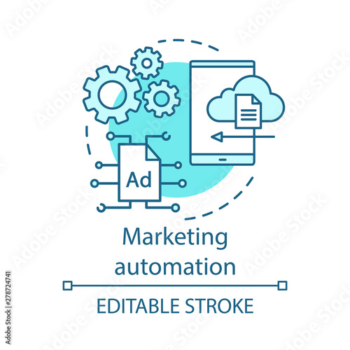 Marketing automation blue concept icon. Digital marketing software idea thin line illustration. Technological platform. Ads management organization. Vector isolated outline drawing. Editable stroke