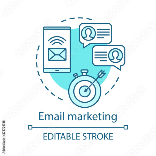 Email marketing blue concept icon. Digital marketing tactic idea thin line illustration. Business strategy. Emails sending. Brand promotion. Vector isolated outline drawing. Editable stroke