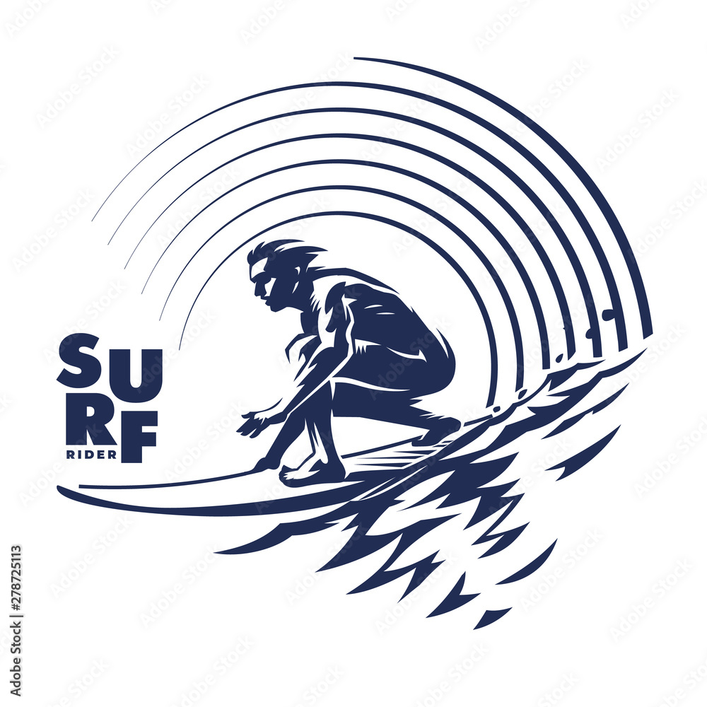 Surfer on ocean wave. Vector retro emblem. Black and white round ...