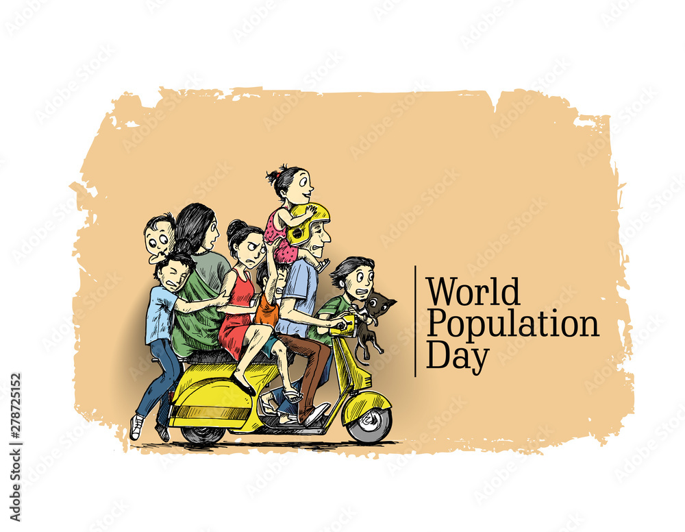 World Population Day, 11 July, Happy with his family sitting on scooter- Hand Drawn Sketch Vector illustration.