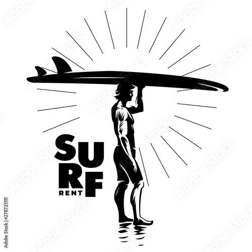 Surfing rental logo. Silhouette man with a board on beach against the sun. Black and white vector composition
