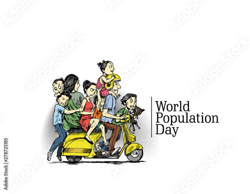 World Population Day, 11 July, Happy with his family sitting on scooter- Hand Drawn Sketch Vector illustration. © Redshinestudio