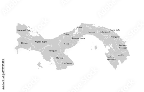 Vector isolated illustration of simplified administrative map of Panama. Borders and names of the provinces (regions). Grey silhouettes. White outline photo