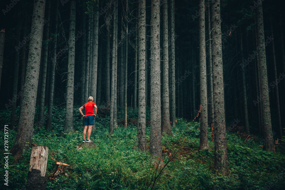 Athlete standing looking at dark green forest, photo of wild nature