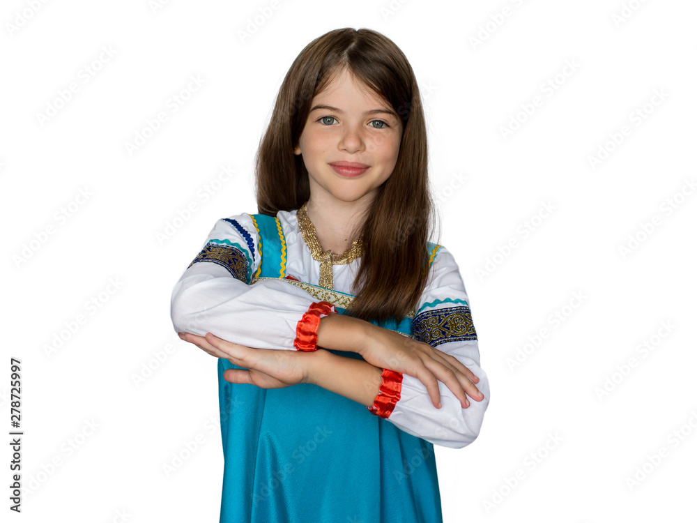 young beautiful smiling girl in Russian folk costume isolated on white background young beautiful smiling girl in Russian folk costume isolated on white background