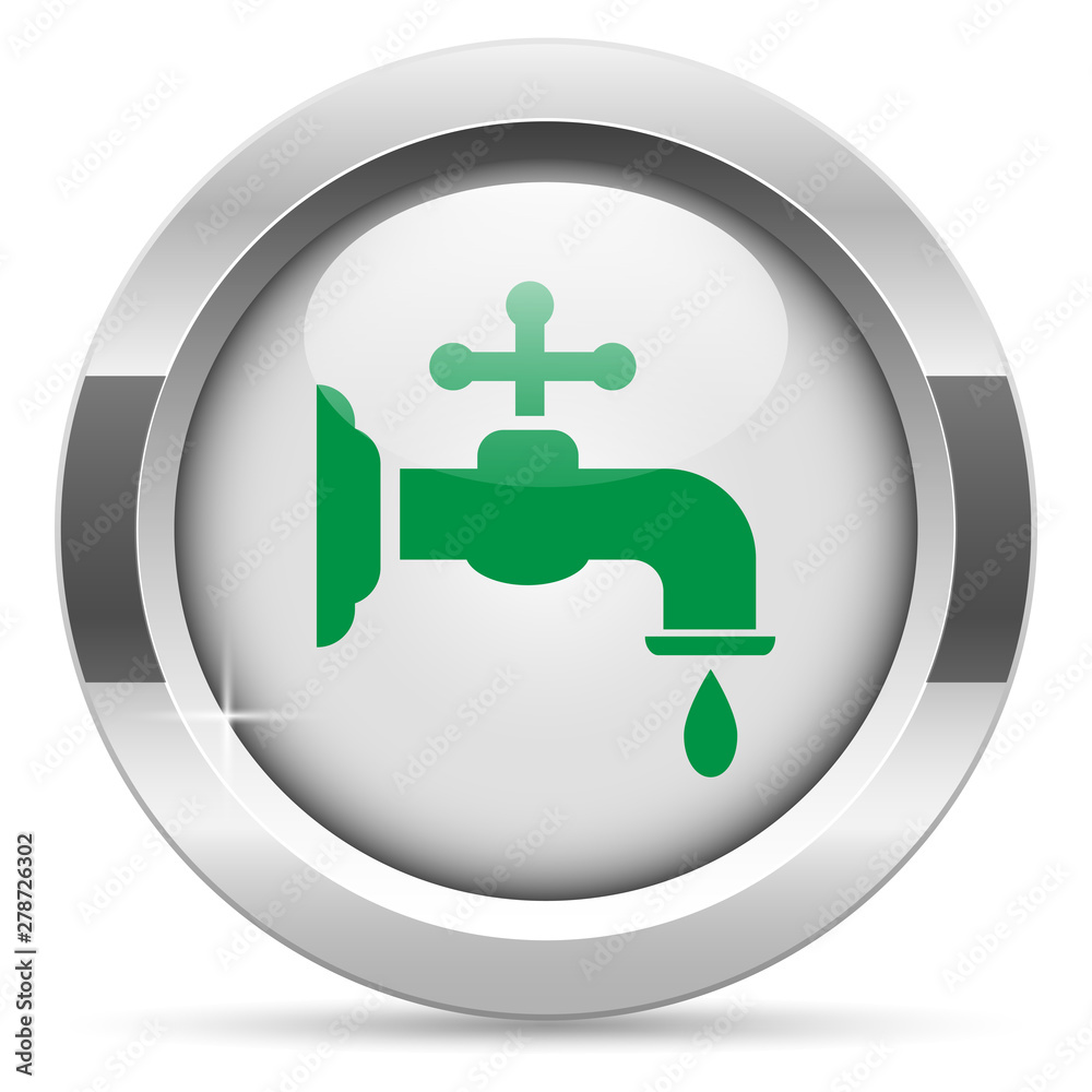 Water tap icon.White metal internet button. Glass with green icon, vector. Water tap icon.White metal internet button. Glass with green icon, vector.