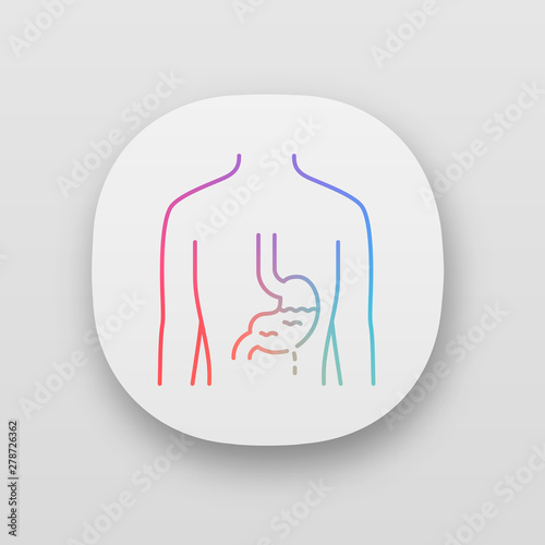Ill stomach app icon. Gastritis. Sore human organ. People disease. Unhealthy digestive system. Gastrointestinal tract. UI/UX user interface. Web or mobile applications. Vector isolated illustrations