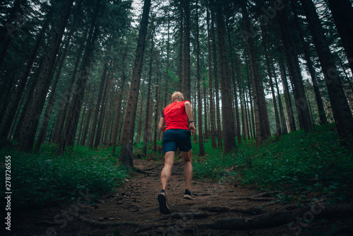 Man running in forest, trail run sport photo
