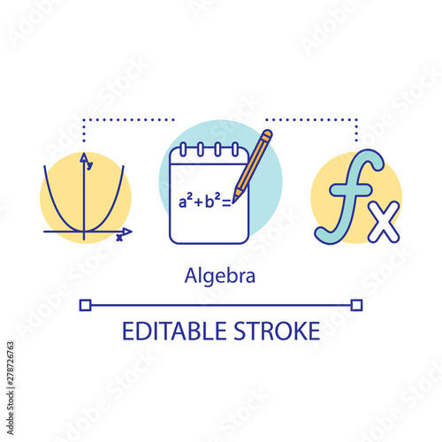 Algebra courses, lessons concept icon. Advanced calculations, learning advanced algebra idea thin line illustration. Algebraic formula. Vector isolated outline drawing. Editable stroke