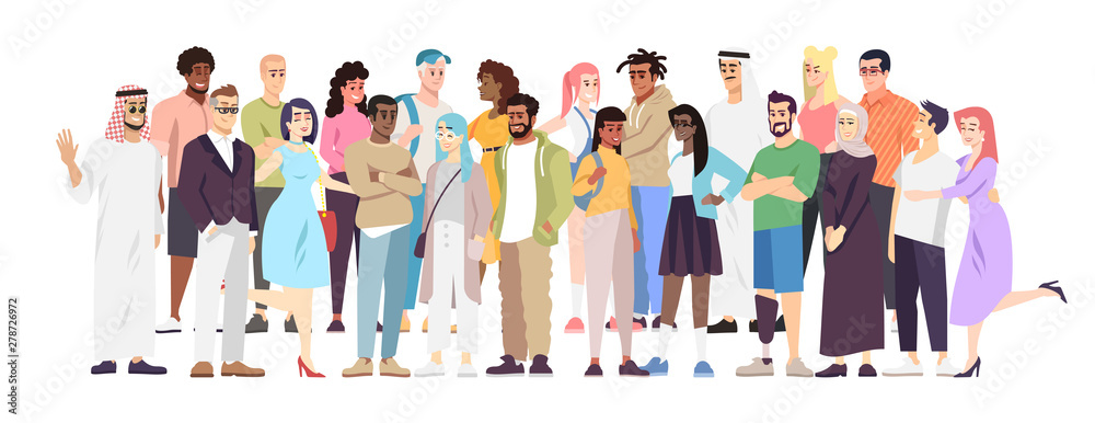 Demographic diversity flat vector illustration. Different nations representatives standing together. Arabian, European, Hispanic word cooperation. Multiethnic society, globalized community - obrazy, fototapety, plakaty 