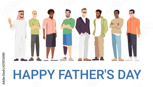 Happy fathers day vector banner template. Cheerful men, daddies celebrating family holiday. Handicapped dad happy with equal opportunities. Greeting card, postcard, poster design layout