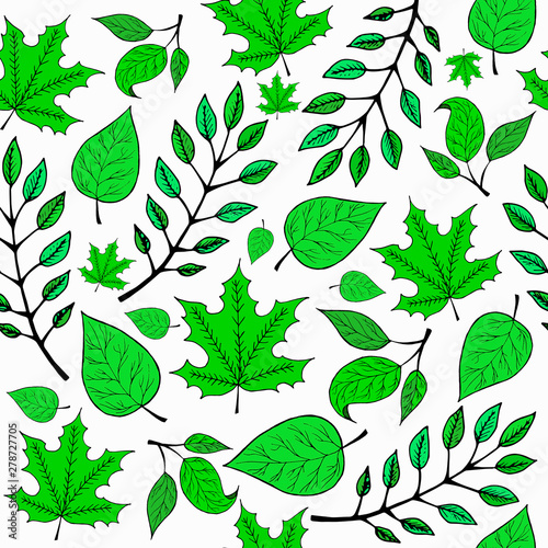  summer autumn pattern of green different leaves on a white background