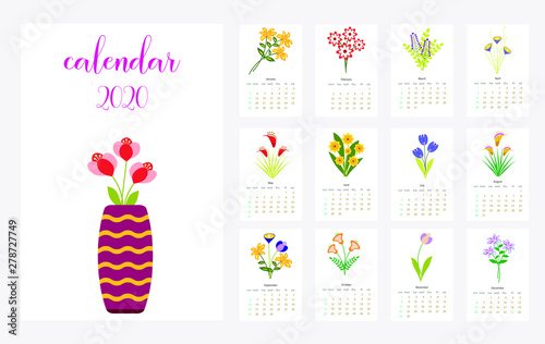 Calendar Layout for 2020 years. Calendar design with the main symbols of the love  .Simple design template,colorful vector typography set. Vertical calender.