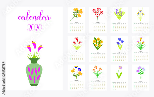 Calendar Layout for 2020 years. Calendar design with the main symbols of the love  .Simple design template,colorful vector typography set. Vertical calender.