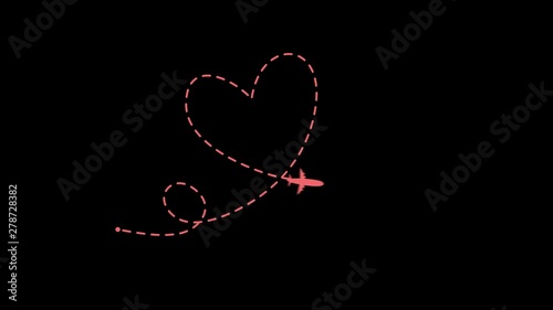 Animation of one dashed line drawing of passenger airplane and heart sign label. Animation with Alpha (transparent background) for easy use in your video! Format: QuikTime. Channels: RGB+Alpha. Video
