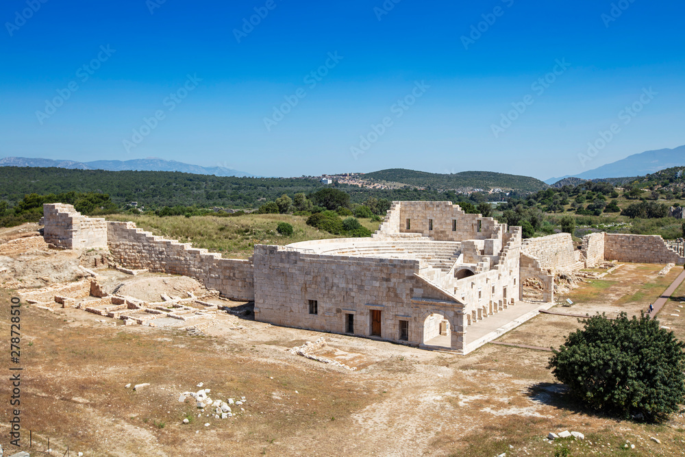 Patara (Pttra). Ruins of the ancient Lycian city Patara. Amphi-theatre and the assembly hall of Lycia public. Patara was at the Lycia (Lycian) League's capital. Aerial view shooting. Antalya, TURKEY