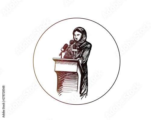 Muslim woman talking in mic in front of conference for politic and women issues, Hand Draw Sketch Design Illustration.