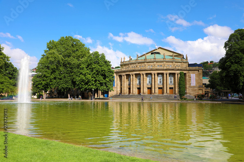 STUTTGART, GERMANY - JUNE 12, 2019: Stuttgart State Theatre Opera building and fountain in Eckensee lake, Germany